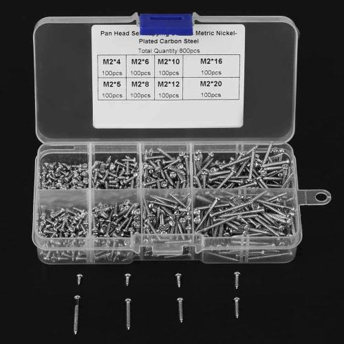Machine Screw Kit, M2 Self-Tapping Screw Set, 800-Piece Screw and Nut Kit, M2 Cross Drive Flat Head Self-Tapping Screws, Woodworking Fastener Box Incl