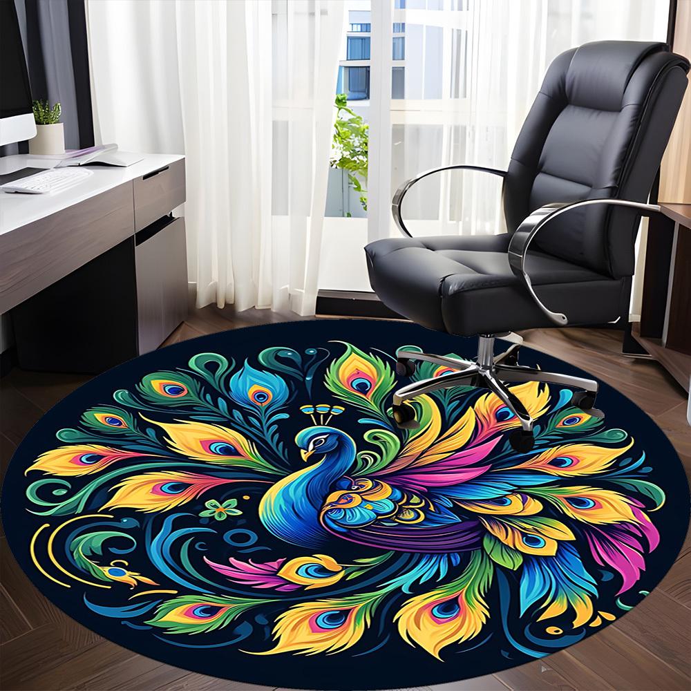 Tapis rond à motif plumes de paon (1 pièce), idéal pour le bureau, la chambre ou le salon. Décoration intérieure disponible en plusieurs tailles.