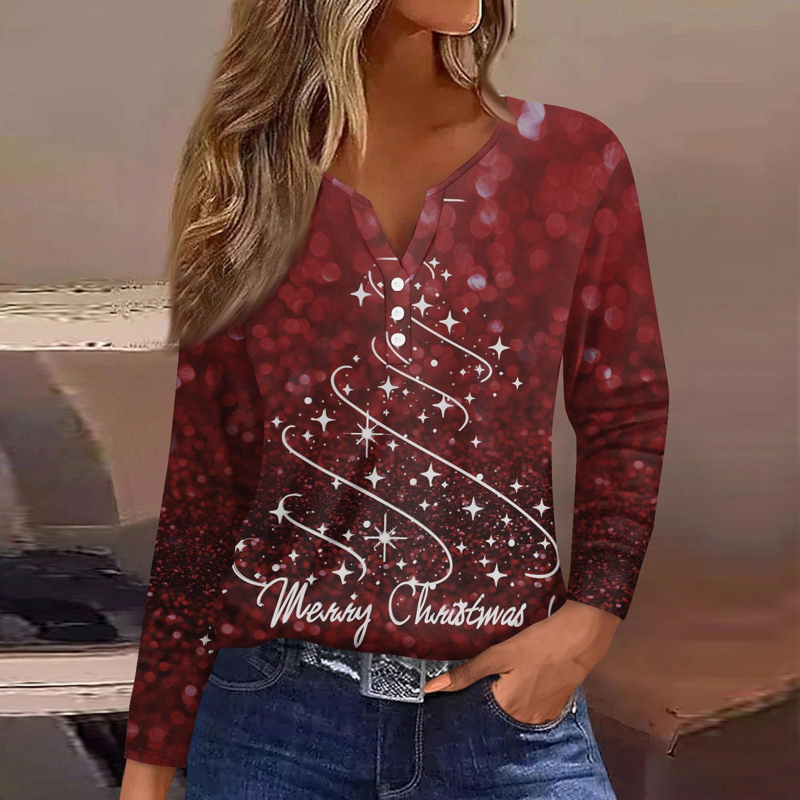 

Женская футболка с пуговицами и рождественским принтом, длинный рукав, повседневная, выходного дня, модная, базовая, с V-образным вырезом, обычная XL винный