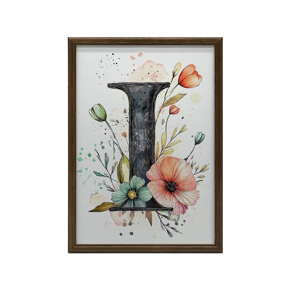 Plakat Litera "I" Z Kwiatami Plakat Litera "I" Z Kwiatami, 70X100 Cm, Rama Drewniana Jasny Dąb, Papier Matowy 230 Gsm