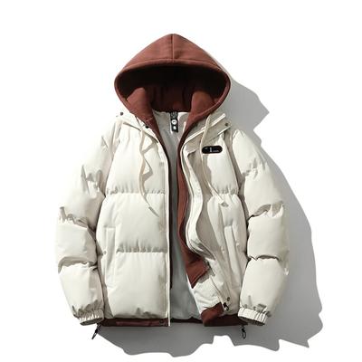 Winter Cotton-padded Couple Cotton-padded Jacket Trendy Fake Two-piece Color Matching Loose and Thickened Men's Hooded Bread-padded Jacket