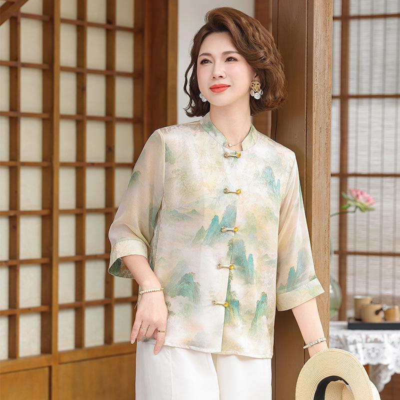 

Chinese National Style Chiffon Top for Women Aged 40-60 - Plus Size Summer Wear 5XL (suggested 155-165 jin)