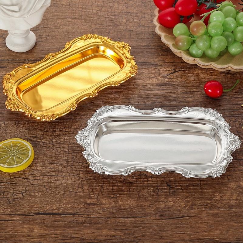 Europäischer Stil Obstschale, Rechteckige Form aus Legierung Süßigkeiten Kuchen Tablett, 20 cm Lebensmittel Snack Teller, Hochzeitsfeier Hausdekoration