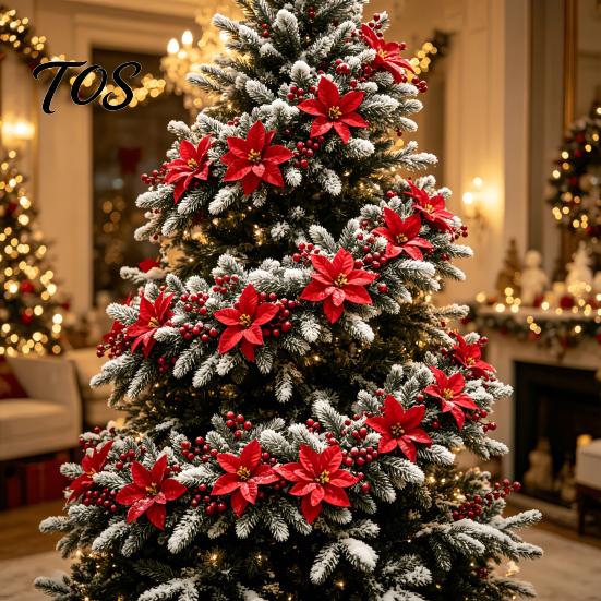 Covered Porch Fence Decoration 5.9Ft Artificial Christmas Poinsettia Garland with Frosted Pine Branch and Red Flexible Plastic Vines Berries, Festive