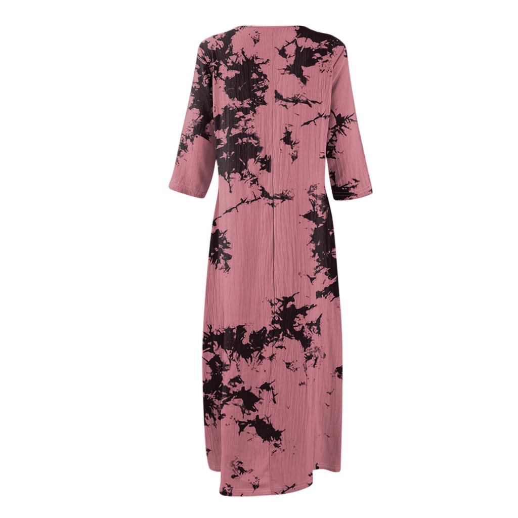 Dresses For Womens Vintage Print Tunic Waisted Midi Dress Summer Casual 3/4 Sleeve Dress