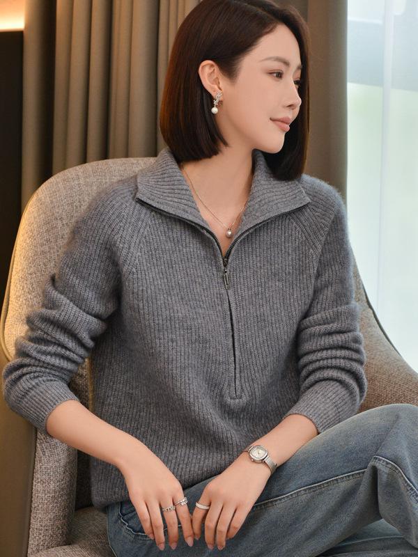 Women's Versatile Wool Half-Zip Stand Collar Sweater - Long Sleeve Knitwear for Autumn and Winter