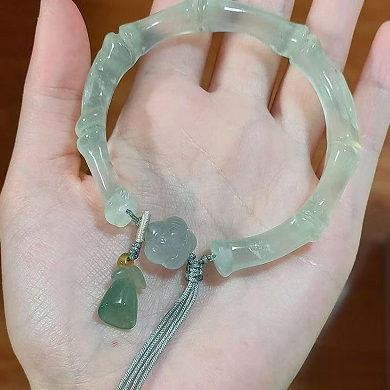 Chinese Antique Style Imitation Jade Lotus Bangle Chinese Style Tassel High-End Bamboo Bracelet Collection Jewelry Gift Femme