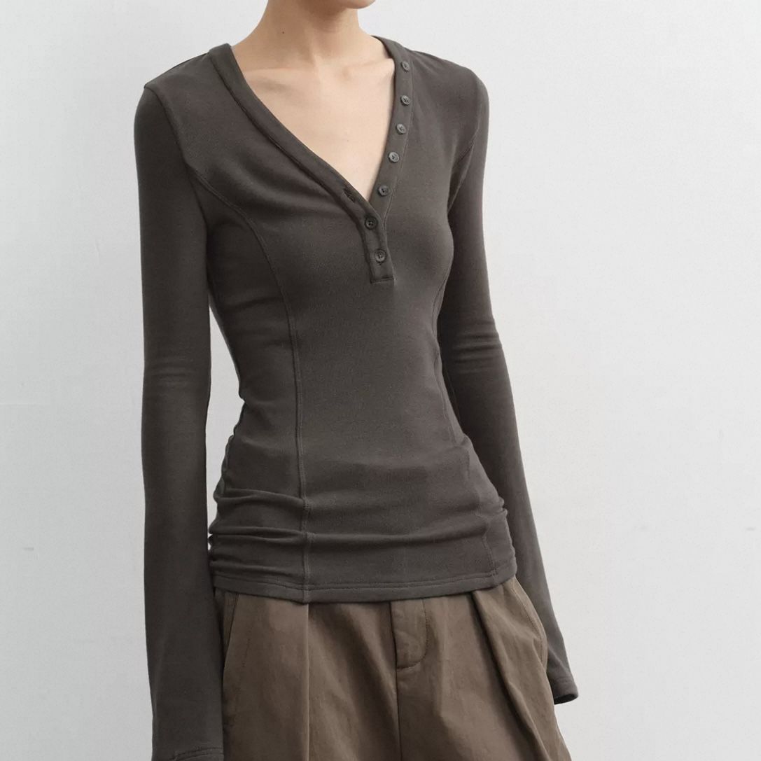 

Women s Dark Gray V Neck Long Sleeve Button Front Ruched Slim Fit Casual Blouse S сірий колір
