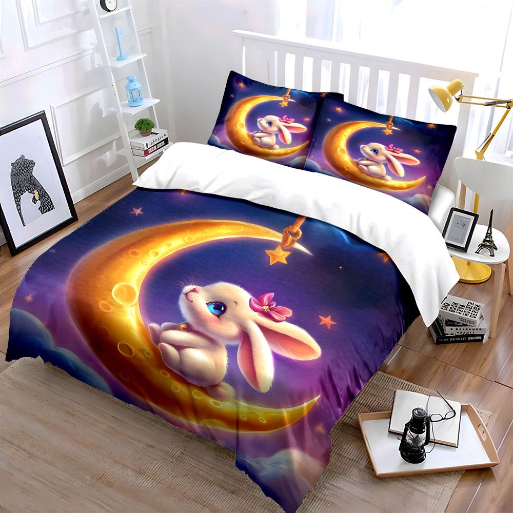Cute Bunny On Crescent Moon Print Soft Comfortable Duvet Cover Bedding Set Included 1*Duvet Cover 2*Pillowcases Luxury Gift