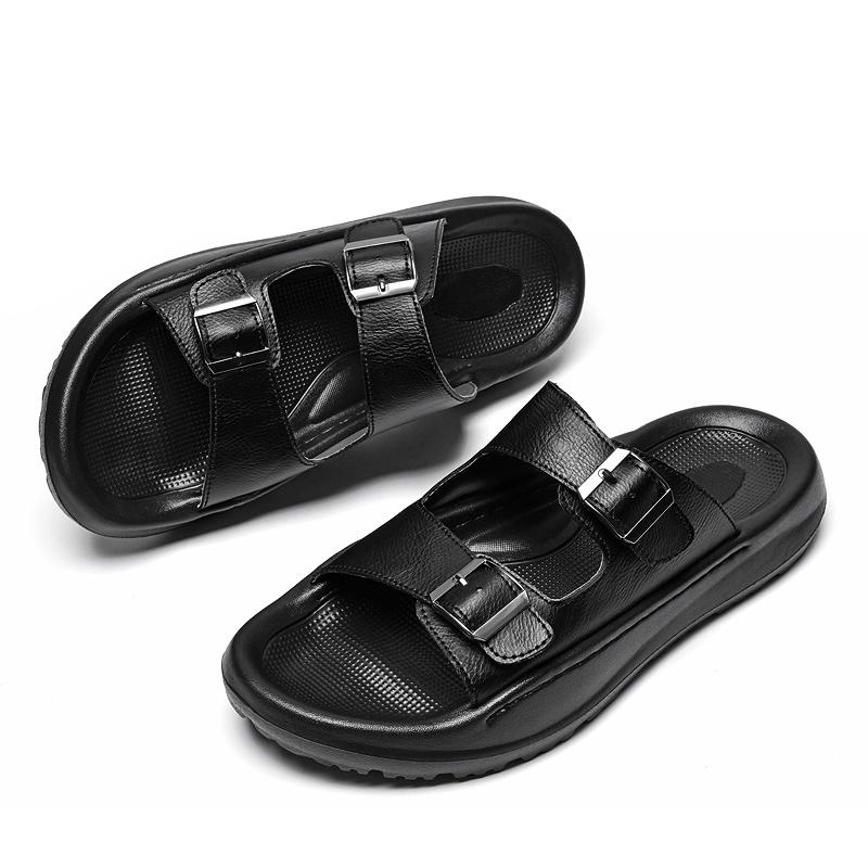 Fashion Genuine Leather Double Buckle Cowhide Slippers for Men Hotel Beach Summer Shoes High Quality Slip on Light Flats Male Flip Flops