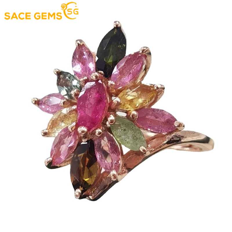 

SACE GEMS изменяемого размера кольца с полихромным турмалином для женщин, стерлинговое серебро 925 пробы, свадебная вечеринка, ювелирные украшения, подарок на фестиваль разноцветный