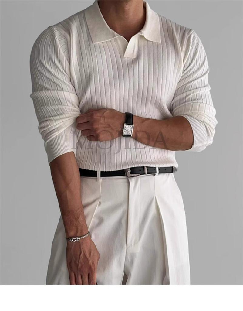Men's Long-Sleeve Striped Knitted Polo Shirt - Autumn Muscle Fit