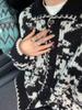 Women's Retro Fair Isle High-Neck Sweater Coat - Black & White Color Block, Soft & Thickened for Autumn/Winter, Old Money Style.