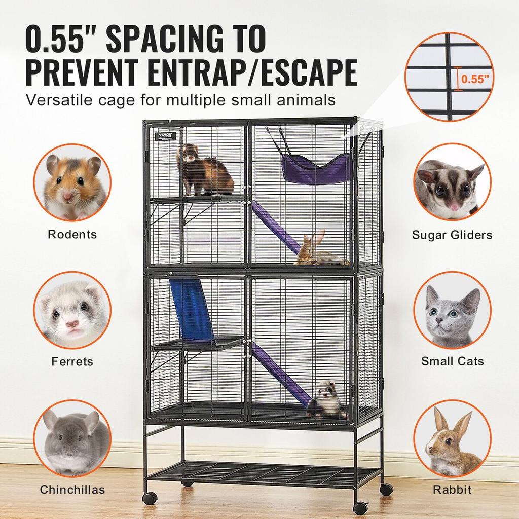 64.6" Metal Small Animal Cage 4-Tier Rolling Ferret Cage with Tray 3 Ramps