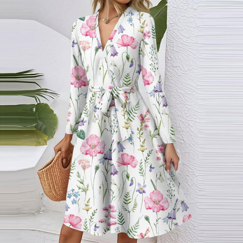 Women's Fashion Casual V-Neck Long Sleeve Waist Floral Print Midi Dress