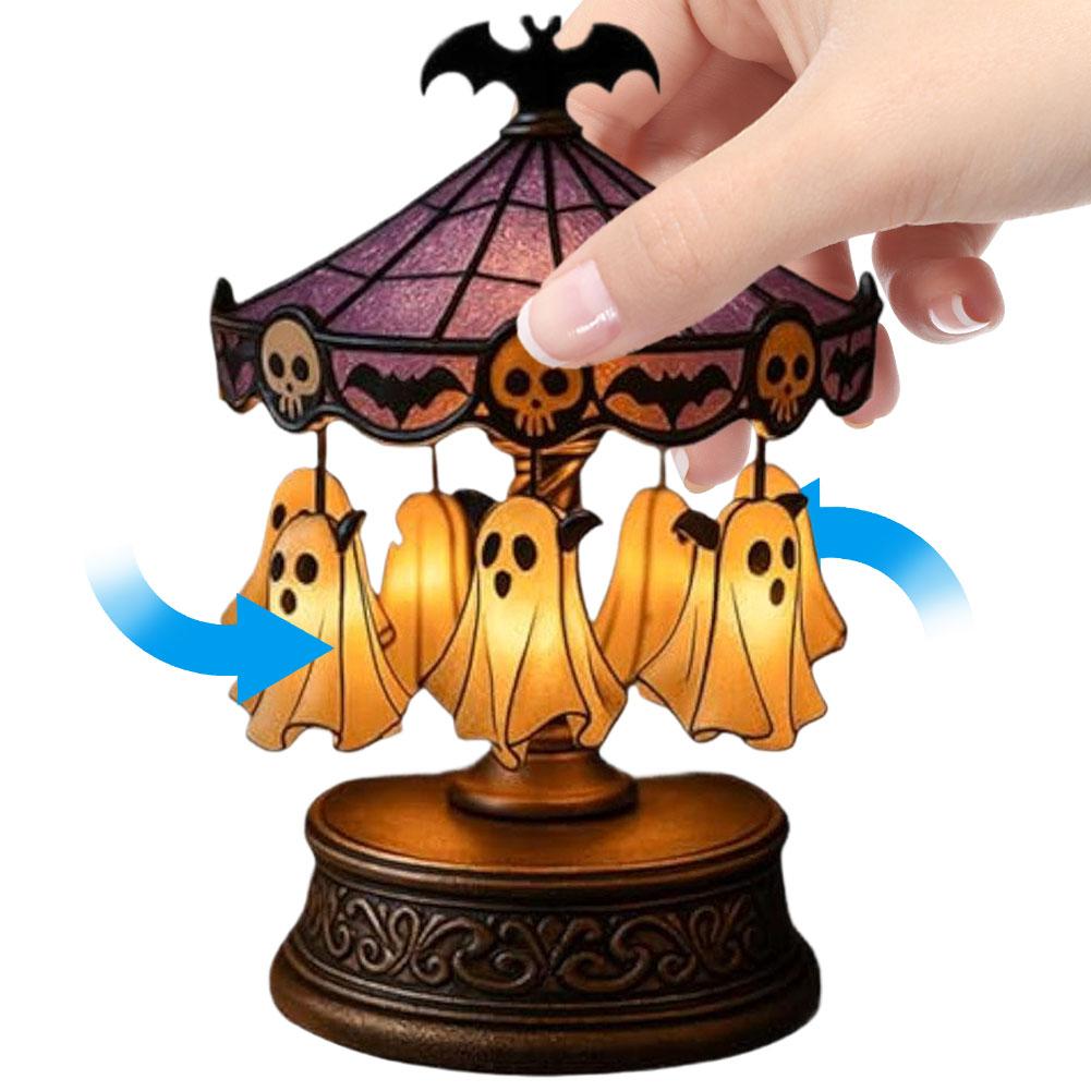 Halloween Ghost Carousel Night Light Vintage Lamp Stained Glass Carousel Night Light for Bedroom Home Kitchen Mantel Tabletop