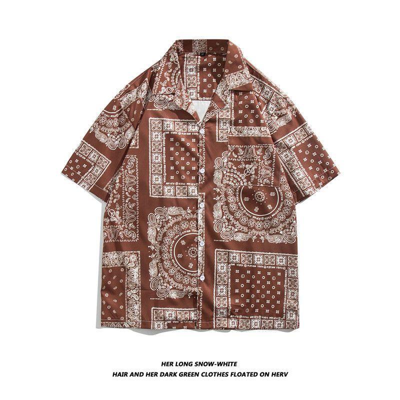 Straight Streetwear Fashion Casual Shirts Turn-down Collar Man Short Sleeve Button Printing Spring Summer Thin Men's Clothing