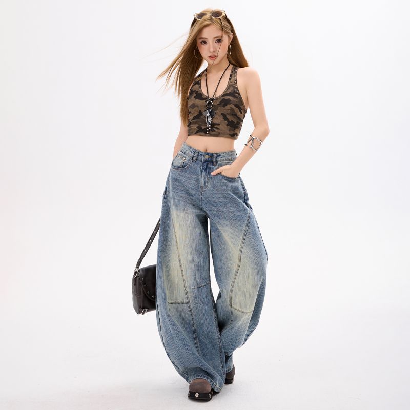 Spring Summer Y2K 3D Cut Slub Saber Cut Denim Pants For Women Casual Pants Oversize Denim Trousers
