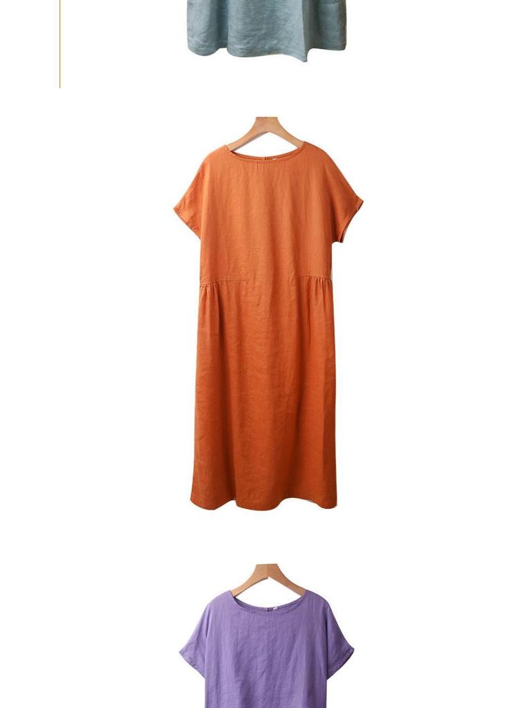Cross-border Summer A-line Midi Dress: Short Sleeve, Solid Color, Literary Style, Women's Loose Fit