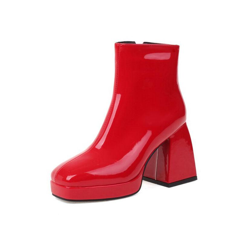 Candy Color Women Boots Custom Square Toe Patent Leather High Heels Ankle Boots Women Platform Shoes Winter Pumps Botas WSH4986