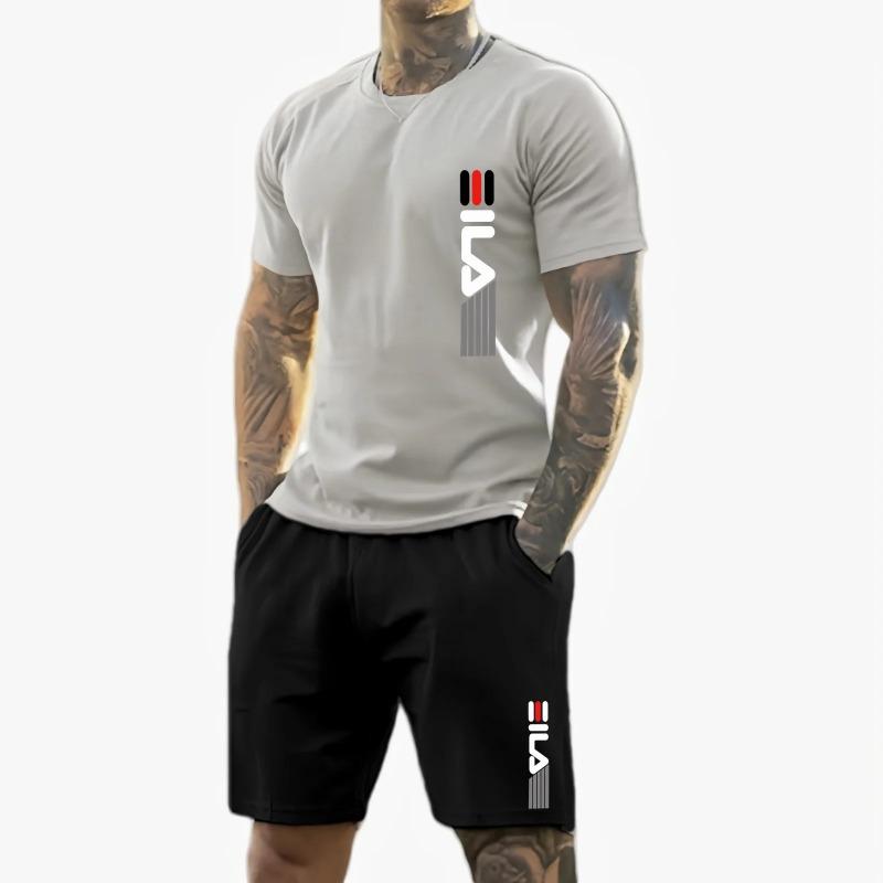 summer new casual sports suit Fashion breathable outdoor men's short-sleeved T-shirt + training shorts two-piece set