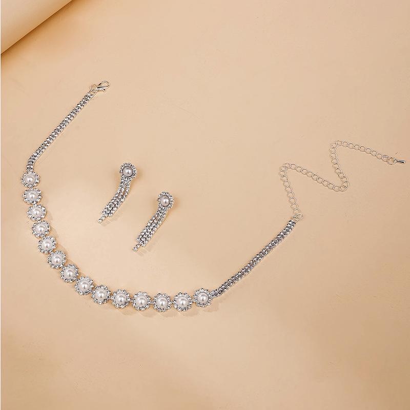 Pearl  Flower Necklace Earring Set Simple Everything Choker Clavicle Chain Earring Set