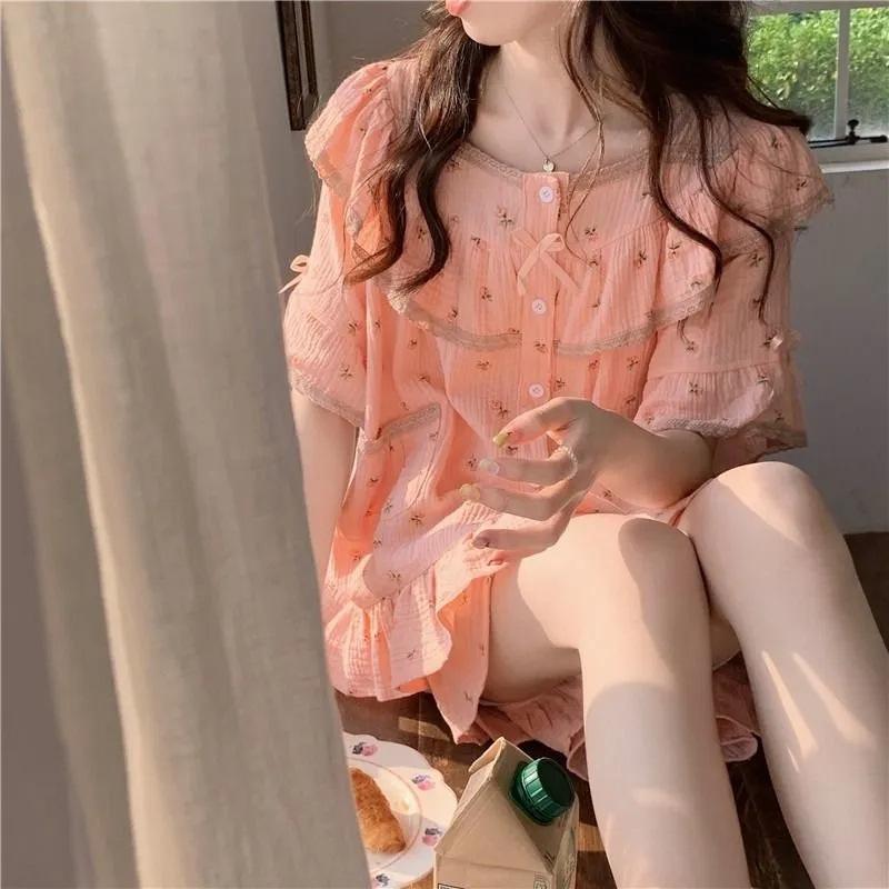 ins style pajamas women's summer new sweet floral high-value short-sleeved shorts bow girl loungewear