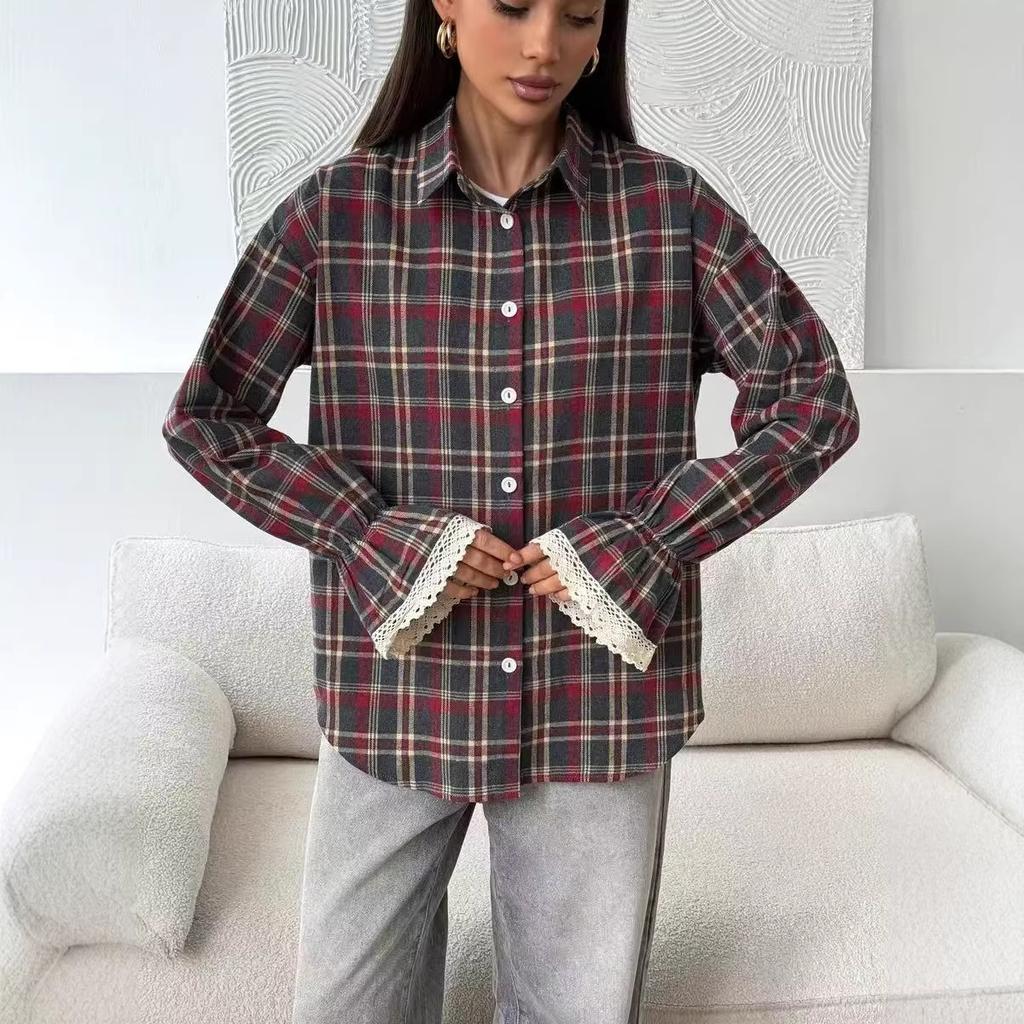 Red Black Gray Plaid Shirt with Lace Cuff Detail