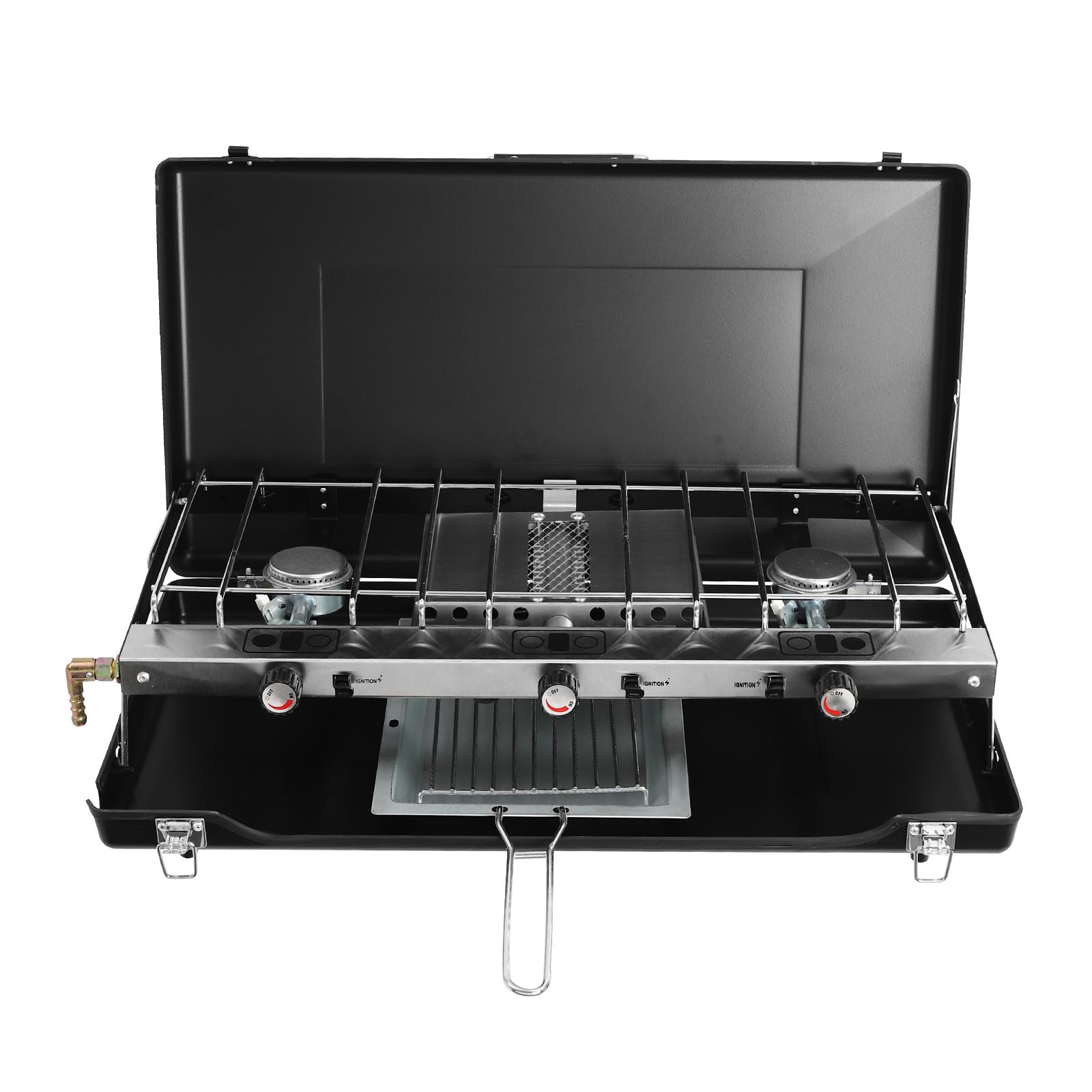 

Portable Camping Stove 4.5KW Total Power 3 Burners Foldable Design Piezo Ignition Wind Shield Lid Detachable Grid Lightweight чёрный