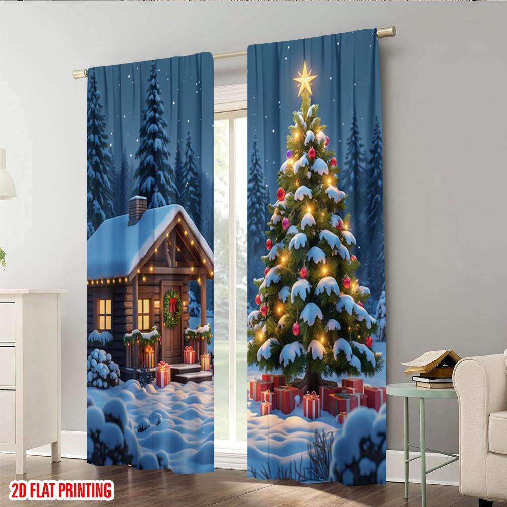 Set Of 2 Flat Printing Drapes Day Christmas House View Polyester Without Electricity Birthday Party Use Room Bedroom Wall Curtain For Master Made