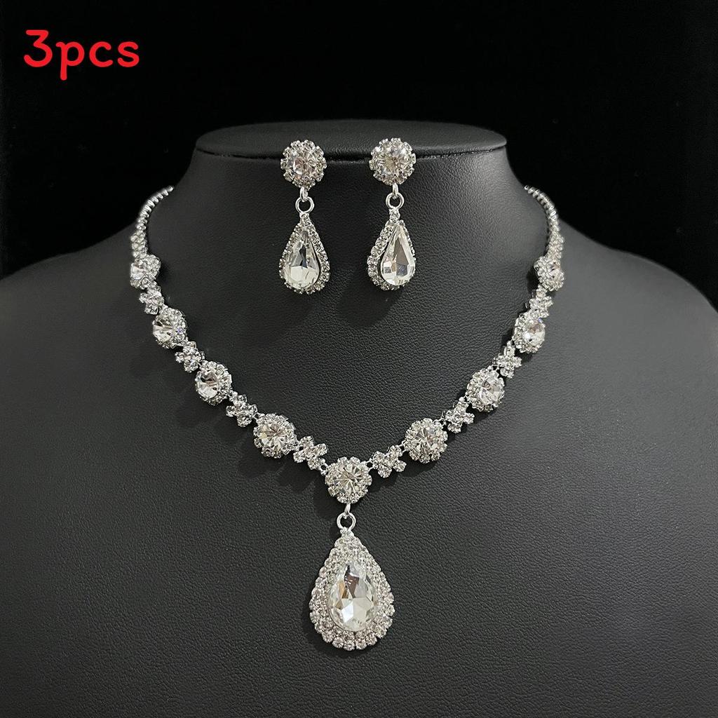 Water Drop Bridal Jewelry Set With Rhinestone Earrings And Necklace For Elegant Wedding Accessories White