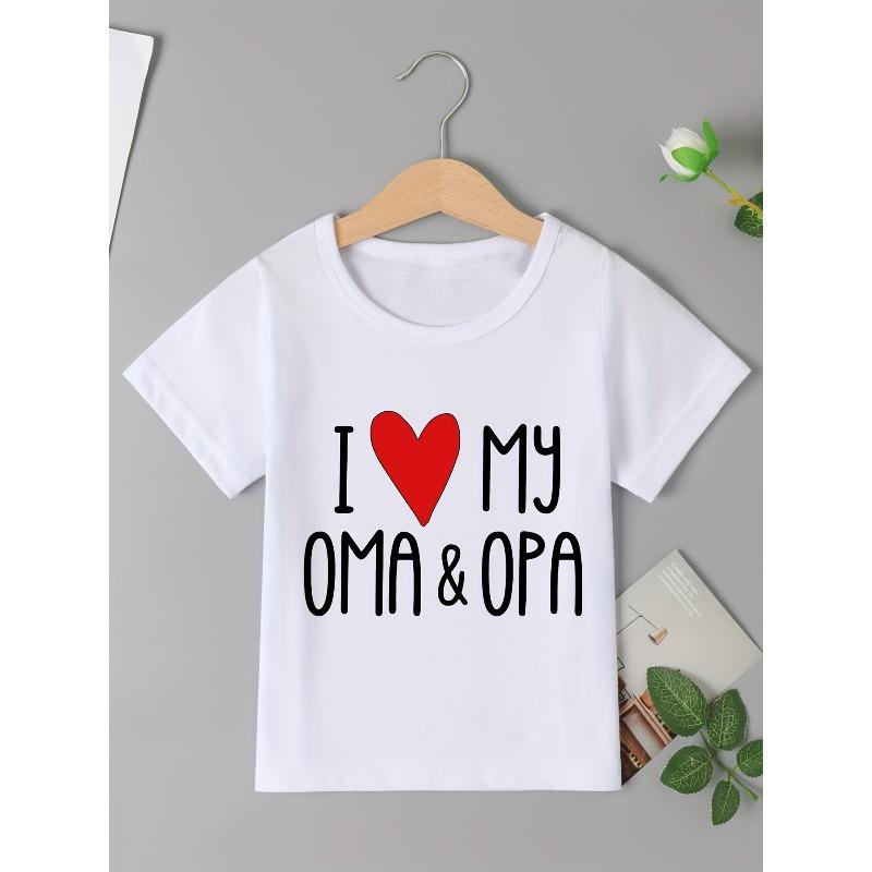 European sizes Adorable 'I Love My Oma & Opa' Letter Print Girls' T-Shirt - Short Sleeve, Crew Neck - Perfect for Spring/Summer