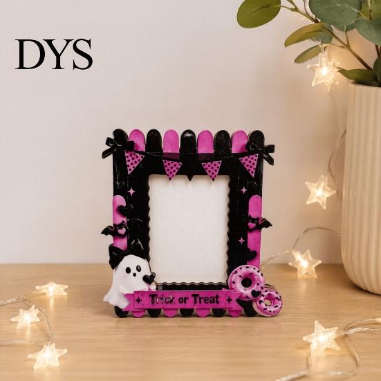 Halloween Photo Frame Wooden Frame, Cute Ghost Butterfly Cat Tabletop Decor Display Slot with Stand, Sweet Kawaii Pumpkin Picture Holder for