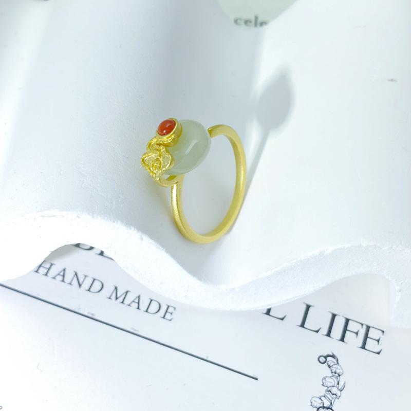 S925 Sterling Silver Hetian Jade Adjustable Ring with Auspicious Cloud Design