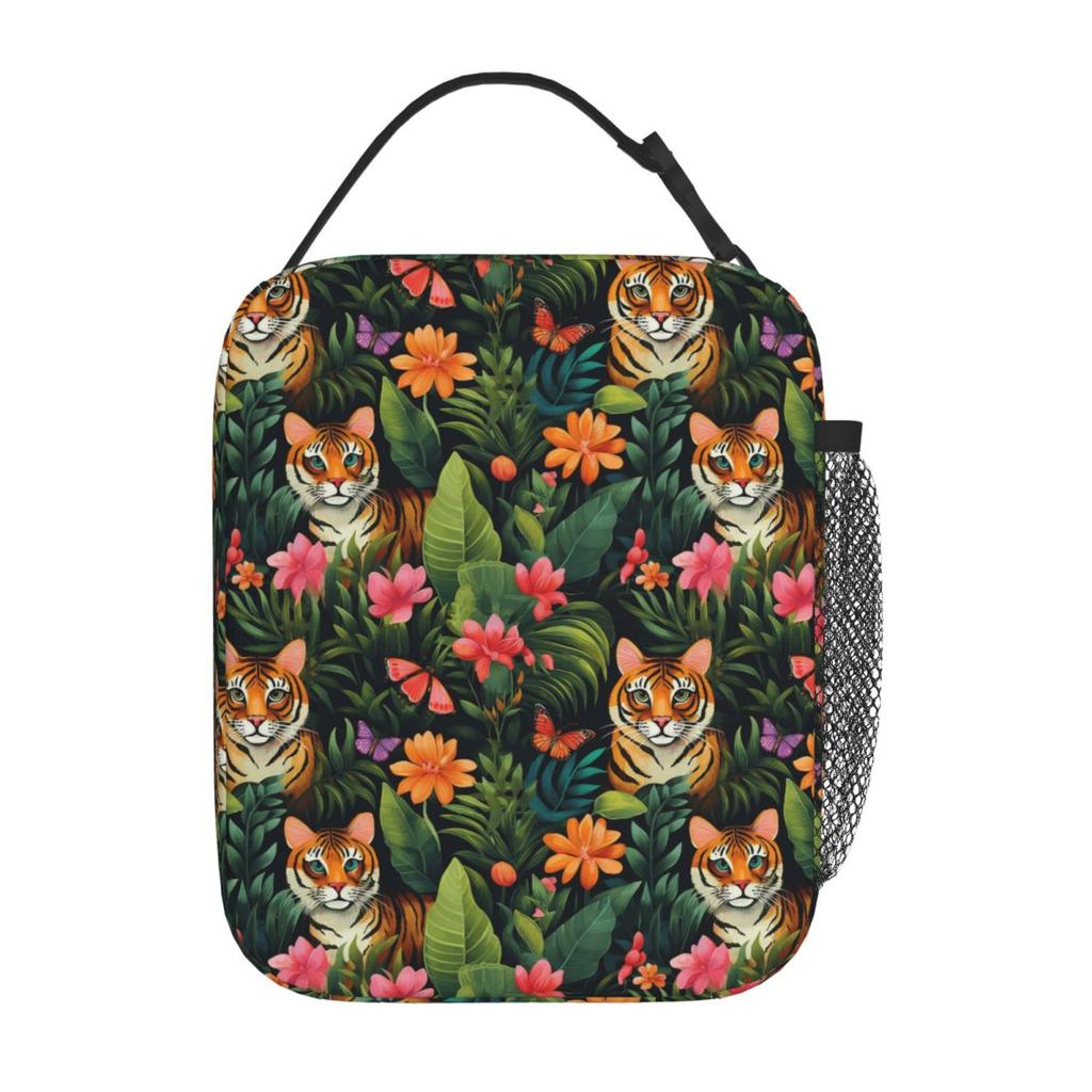Dschungeltiger und tropische Blumen isolierte Lunchtasche für Kinder Schulkühler Thermische Lebensmittelbox Tragbare Lunchboxen Behälter