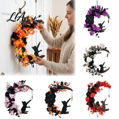 Decorative Moon Shape Wreath Halloween Black Cat Half Wreath, Artificial Roses Berries Crescent Grapevine Plant for Mantel Spooky Gothic Hanging