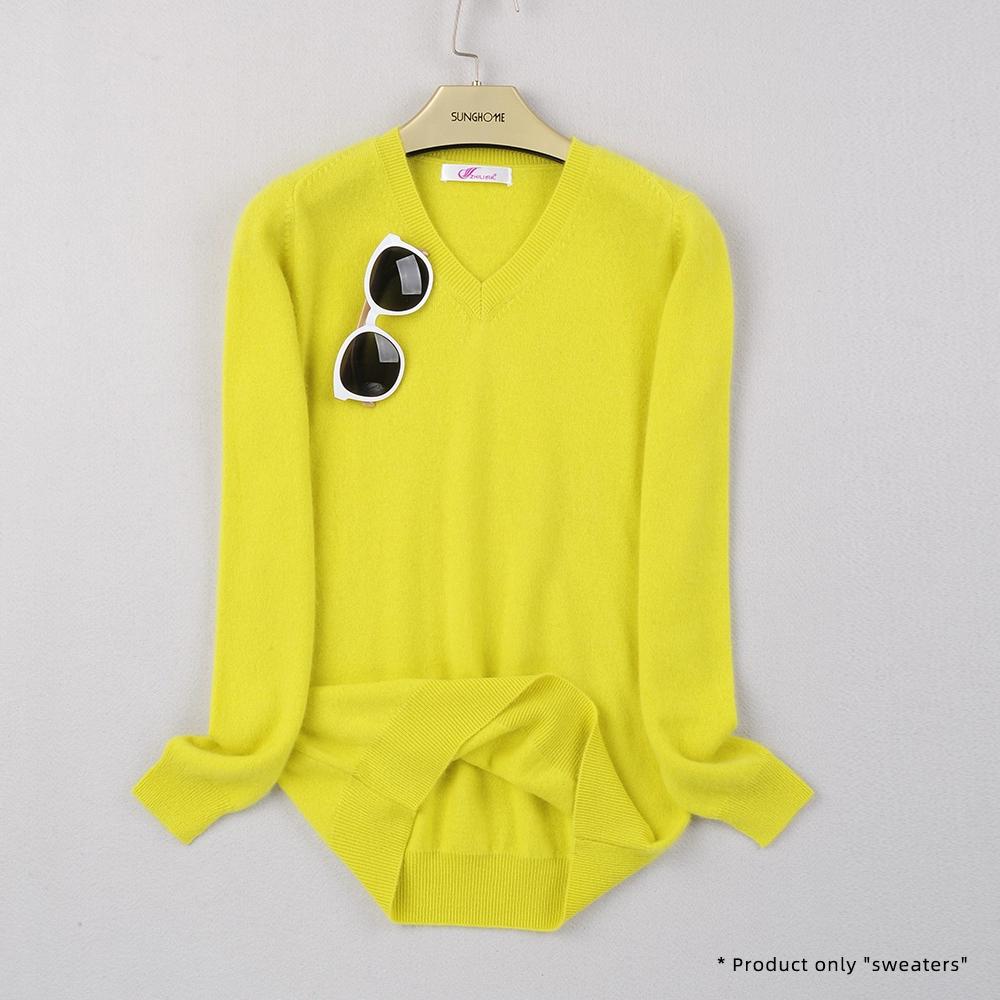 Women's V-neck Cashmere Sweater Warm Long Sleeved Sweater Solid Color