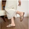 Retro contrasting color woven cross-strapped flat-bottomed slippers women's niche square head casual versatile lazy word with cool slippers