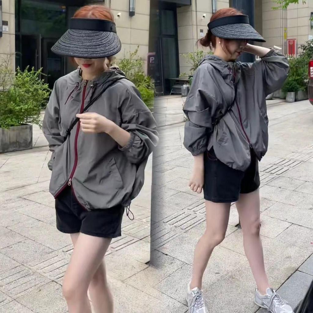 Summer 2025 Women's European Colorblock Zipper Hooded Sunscreen Jacket - Casual, Thin, Short Coat