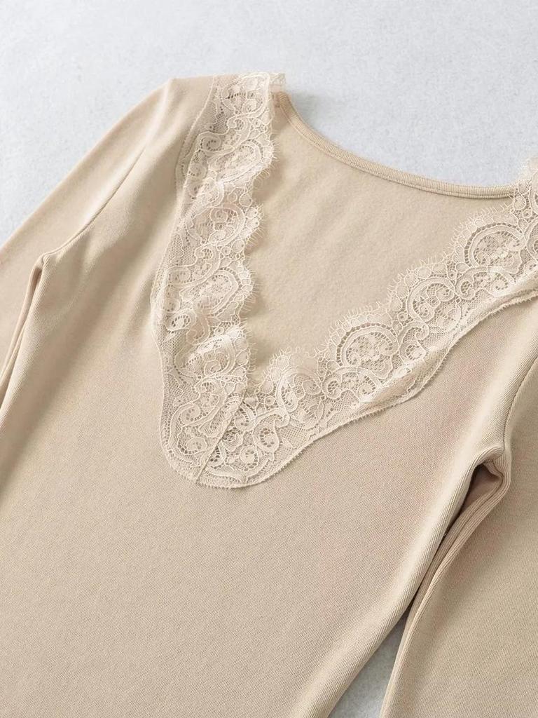 T-shirt da donna a manica lunga in pizzo con scollo a V, vestibilità slim, per Autunno/Inverno