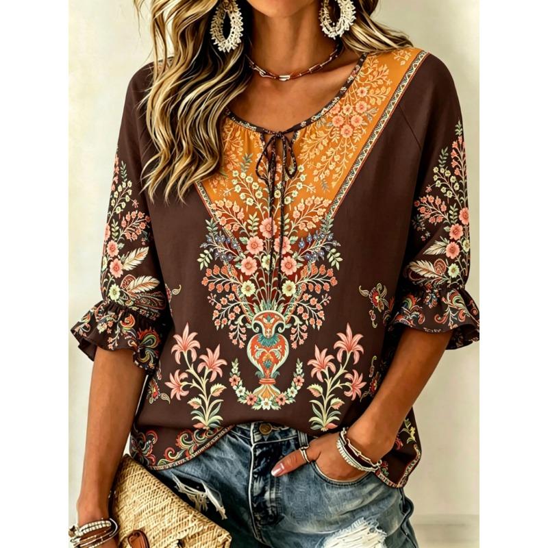 Women's Burgundy Ornate Floral Print Tie Front Blouse, Casual Loose Top for Spring Summer Daily Wear