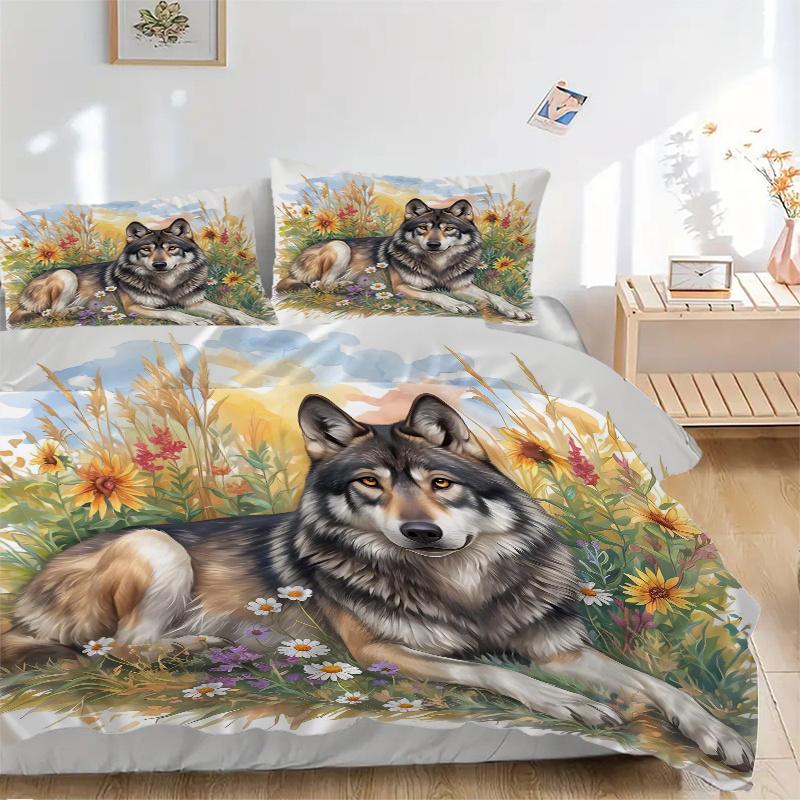 3pcs Wolf's Peaceful Rest amidst Nature's Bounty Quilt Cover Set - Soft and Cozy Bedroom, Guest Room and Dorm Decorative Bedding