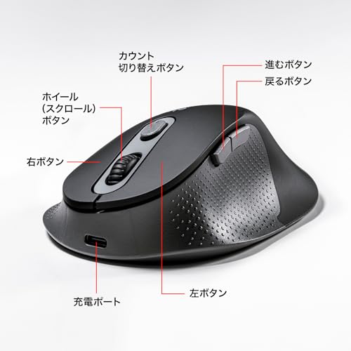 SANWA SUPPLY Silent Wireless Ergonomic Mouse (2.4GHz Wireless, 45mm Height) MA-EWBS528MBK