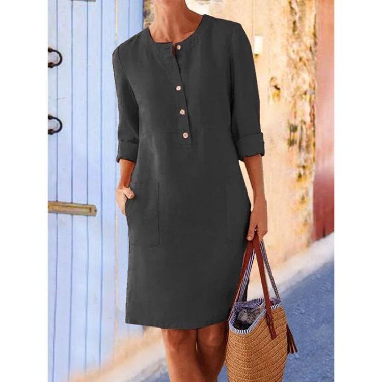 Women's Large Size Round Neck Long Sleeve Cotton Linen Solid Color Dress