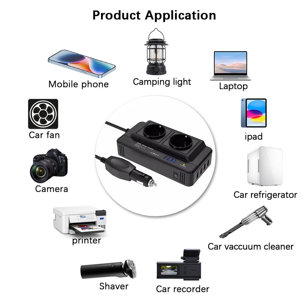 200W Peak Power Car Inverter 12V to 220V DC to AC with 4 USB Ports Cigarette Lighter Auto Mounted AC EU Socket