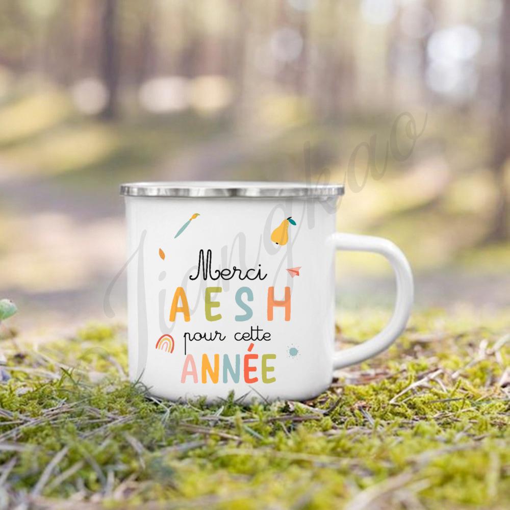 Merci Aesh French Printed Mug Creative Coffee Cups Drinks Enamel Cup Outdoor Camping Handle Drinkware Thanks Gifts for Teacher