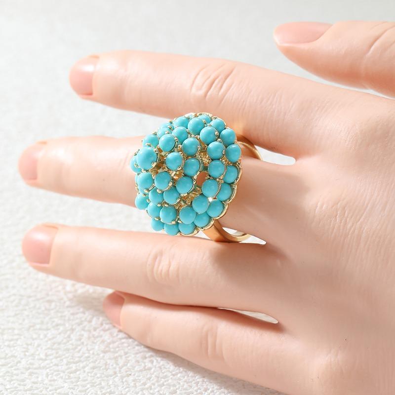 Vintage Inlaid Imitation Turquoise Women's Ring Ethnic Gold Color Geometry Daily Wear Party Jewelry Anniversary Gift