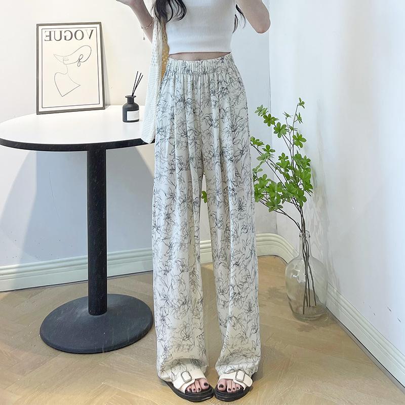 

High-waisted ink and wash floral ice silk narrow wide-leg pants for children s summer drape and thin straight skirt pants loose trousers thin XL