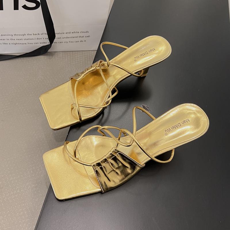 Fashion SUOJIALUN 2025 Summer Narrow Band Women Slipper Fashion Square Toe Slip On Sandal Shoes Thin High Heel Dress Sandal Shoes Slides