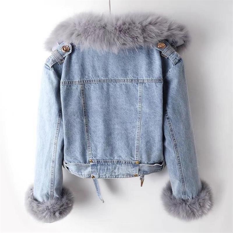 Autumn and Winter Detachable Wool Lining Denim Jacket Women's Short Top Parka